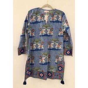 NWT Mary Marshmallow Classic Tunic Paige Blue Elephant Block Print Tassel Top M
